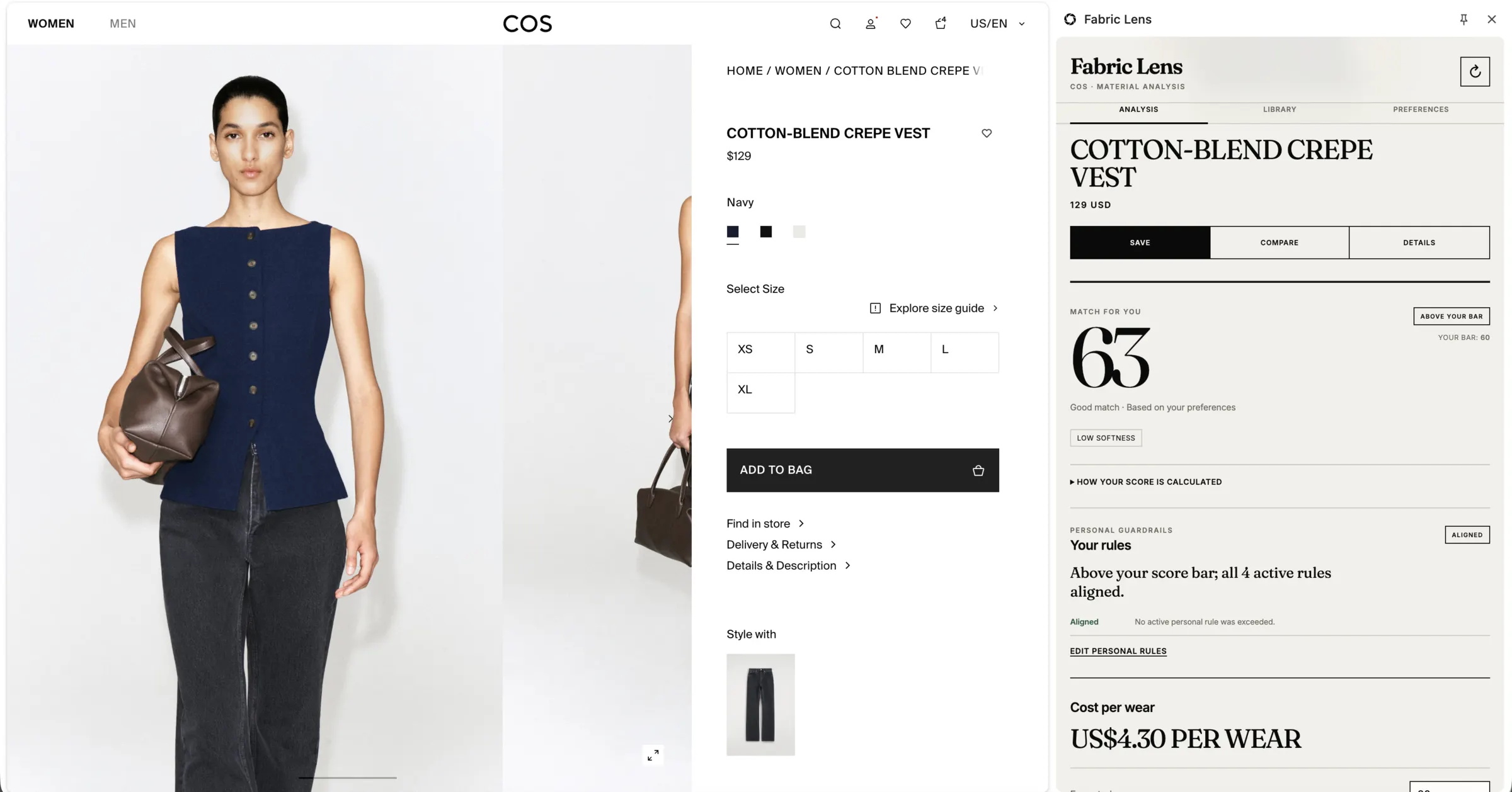 COS women's Cotton-blend Crepe Vest product page beside Fabric Lens showing a 63 match score