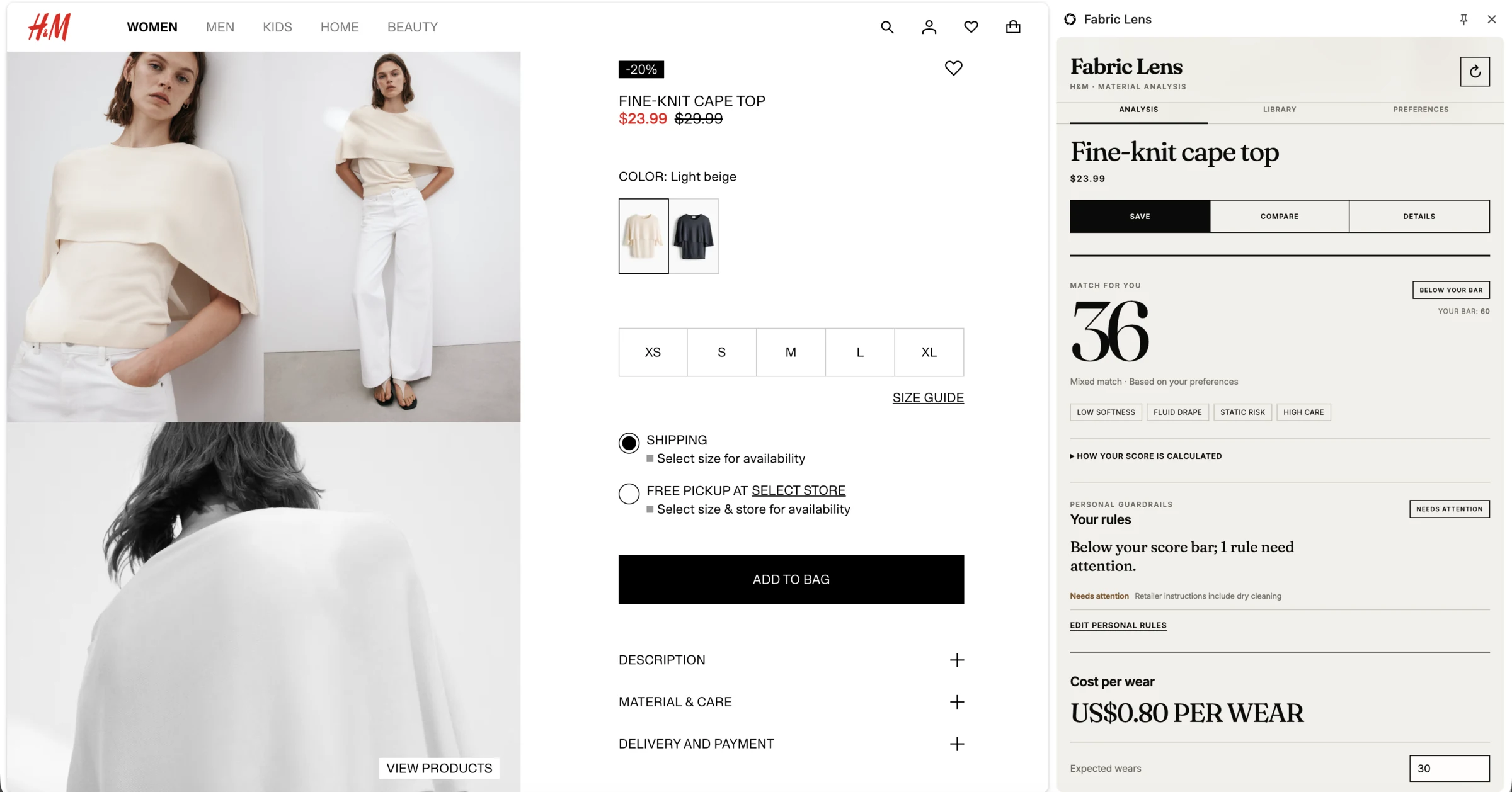H&M women's Fine-knit Cape Top product page beside Fabric Lens showing a 36 match score