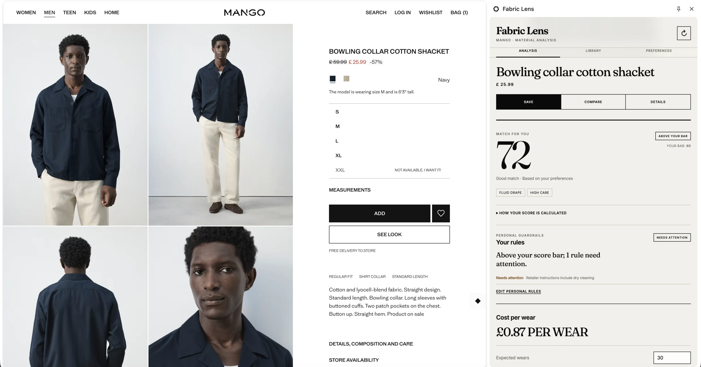 Mango men's Bowling Collar Cotton Shacket product page beside Fabric Lens showing a 72 match score