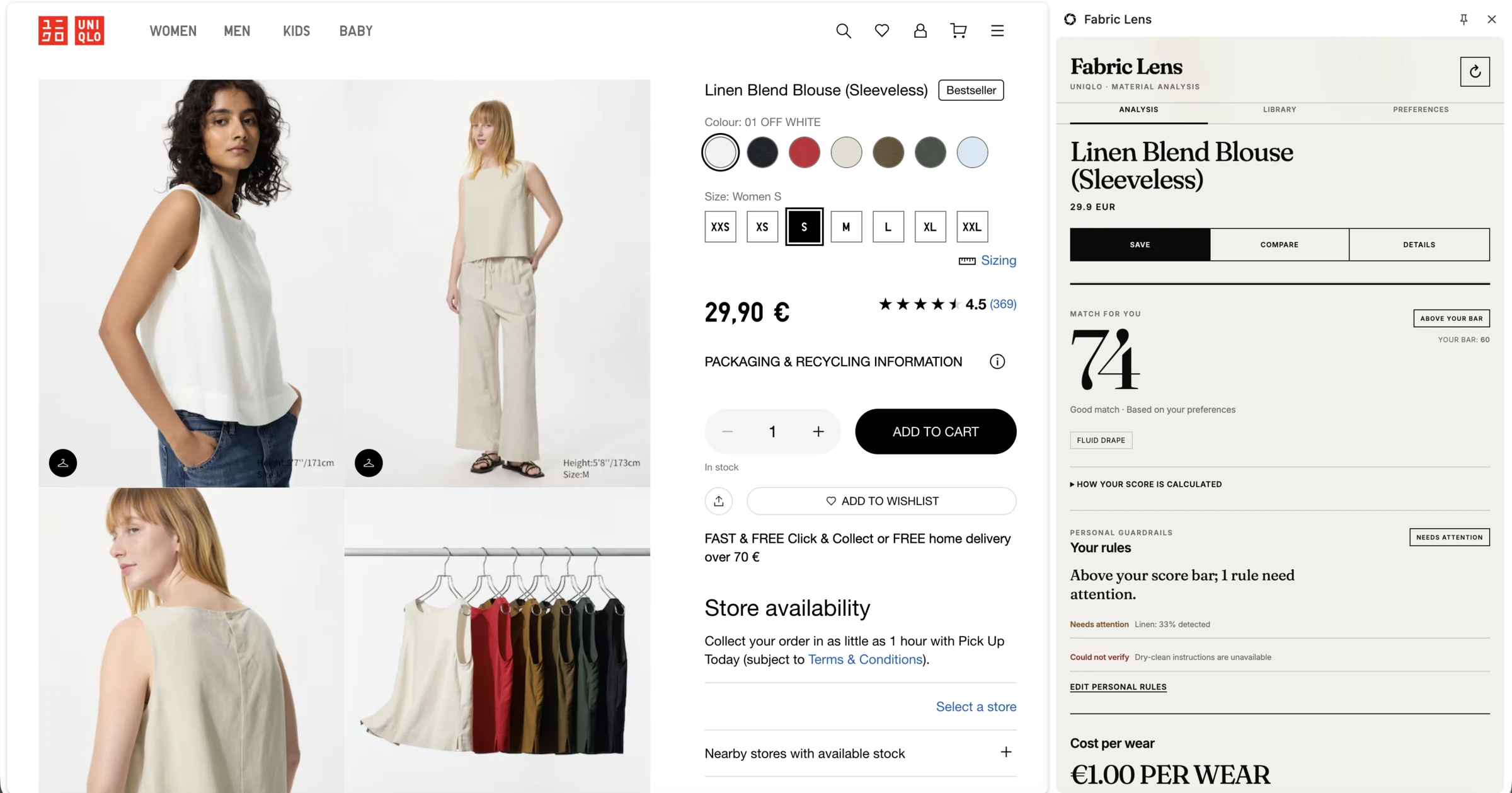 Uniqlo women's Linen Blend Blouse product page beside Fabric Lens showing a 74 match score