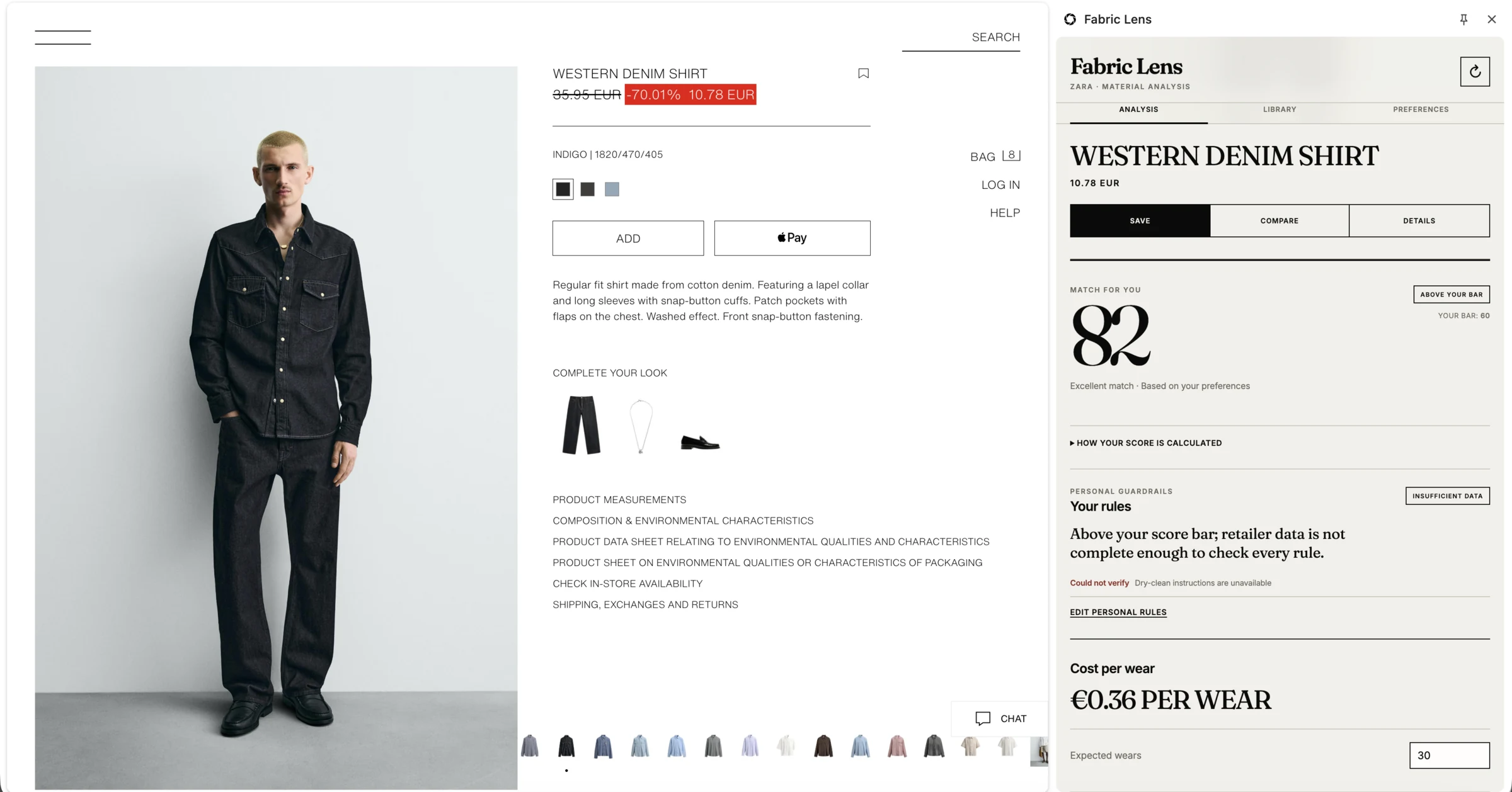 Zara men's Western Denim Shirt product page beside Fabric Lens showing an 82 match score