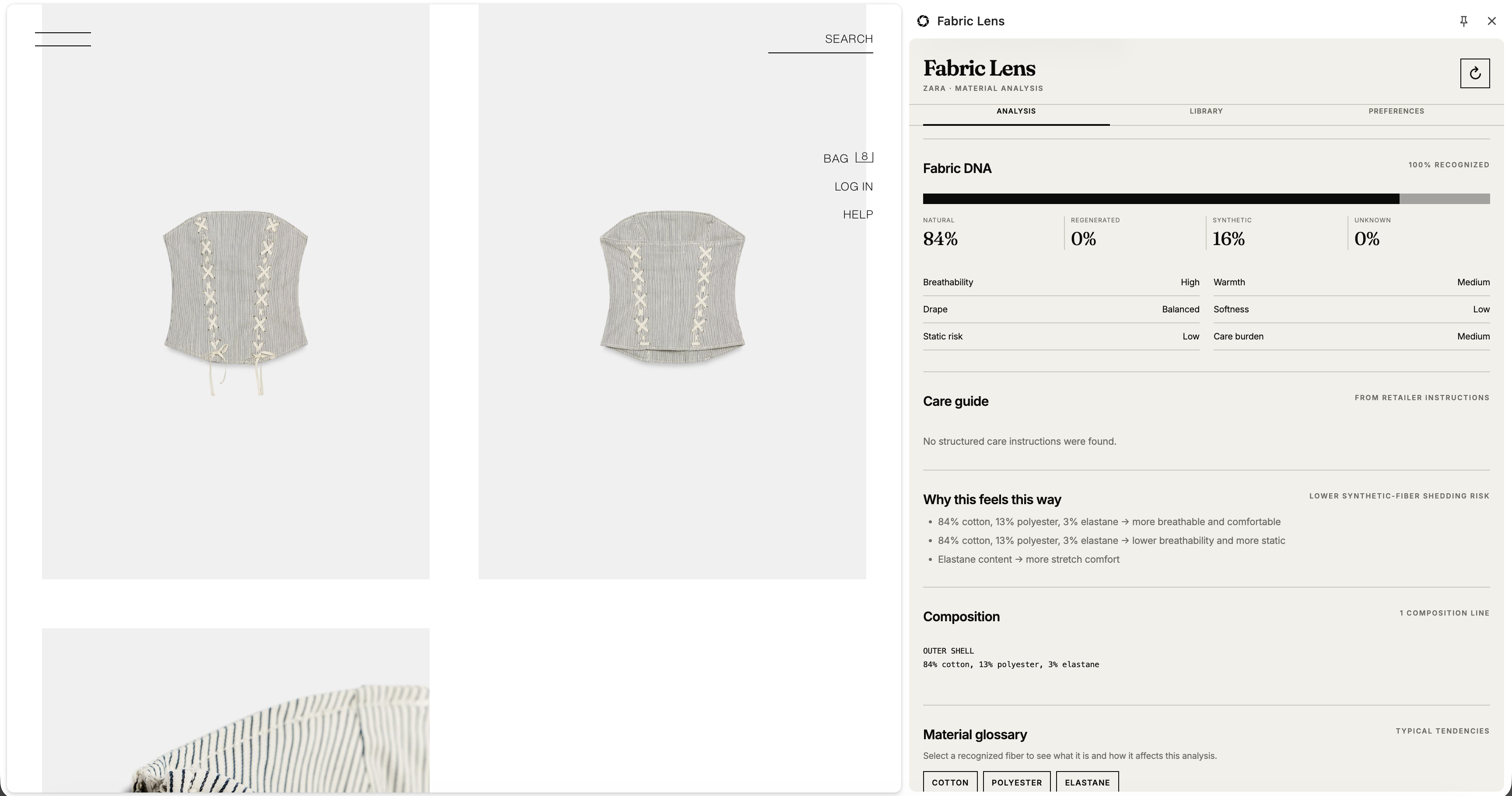 Fabric Lens showing Fabric DNA, care guide, composition, and material glossary